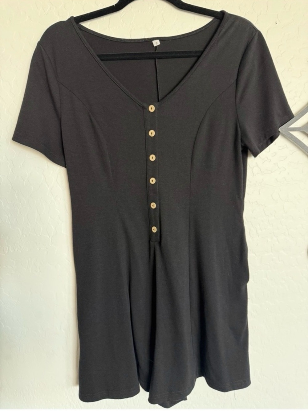 4/$20 - Black Short-Sleeve Henley Women’s Romper (shorts) - Small